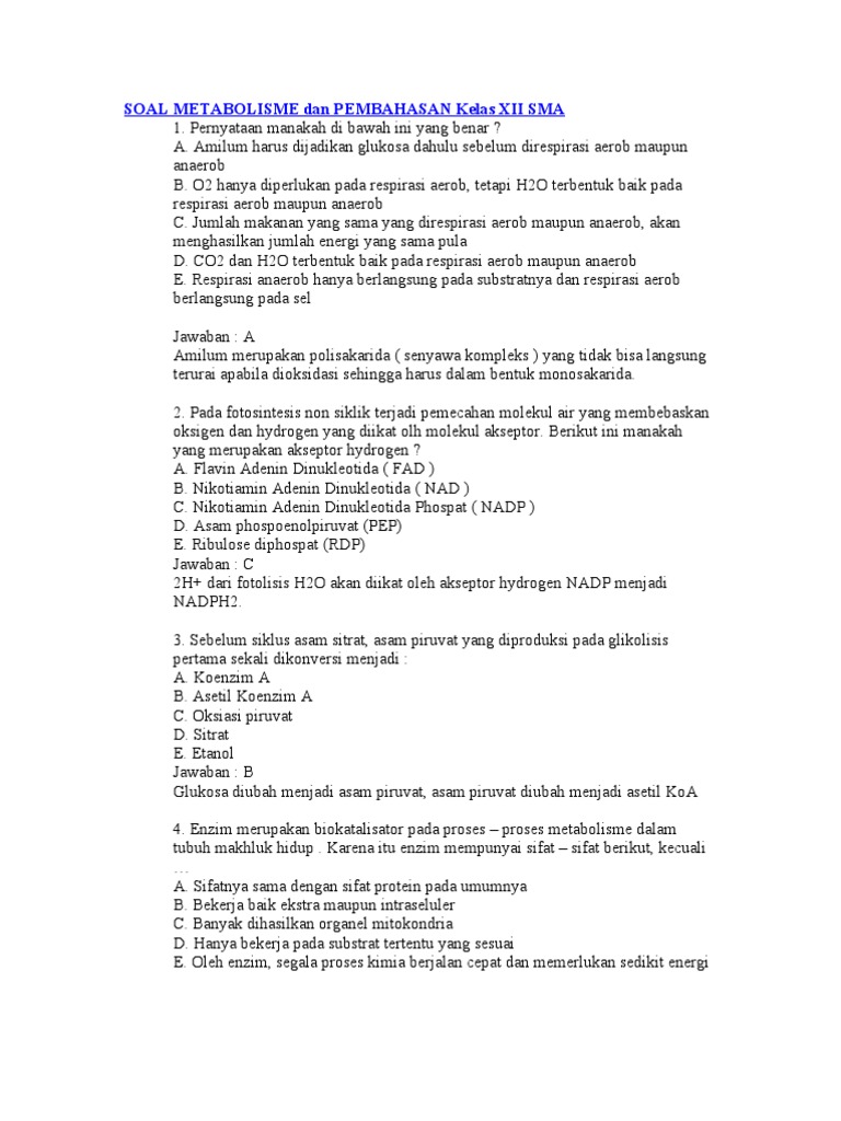 Soal Metabolisme Dan Pembahasan Kelas Xii Sma