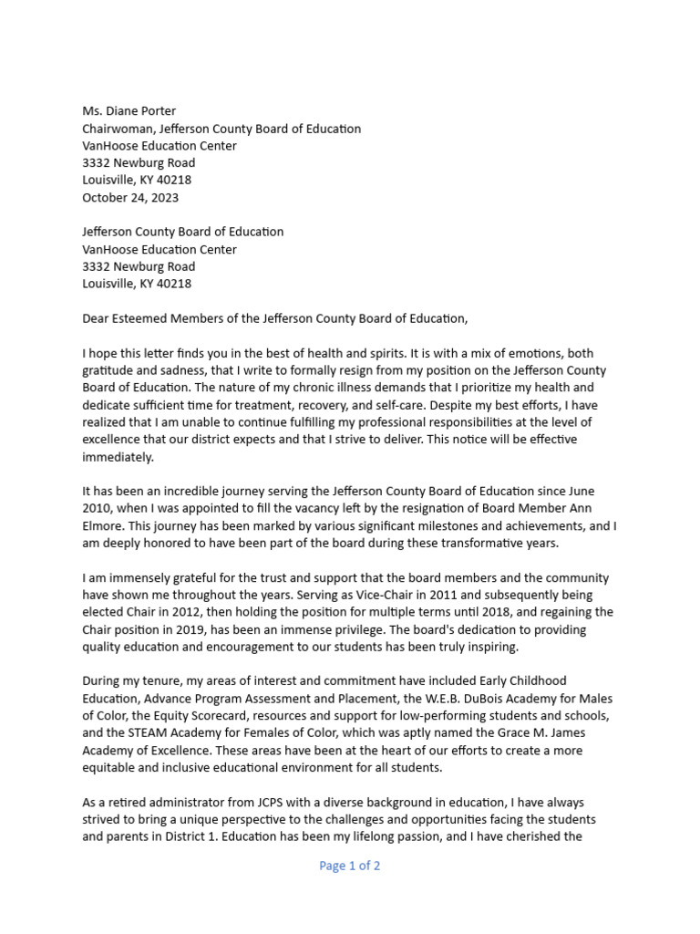 Diane porter resignation announcement pdf