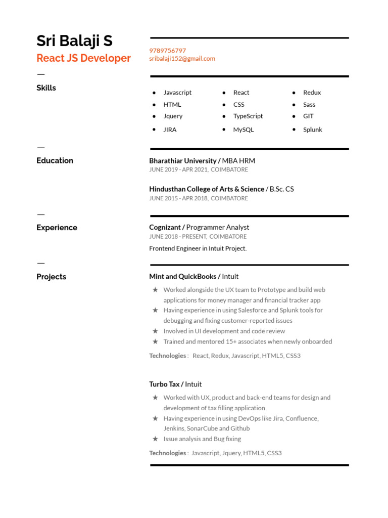 React JS Developer Resume - Sri Balaji S | PDF