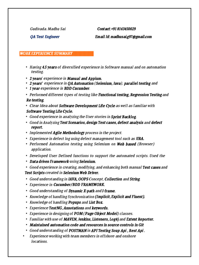 QA Test Engineer Resume - Madhu Sai | PDF