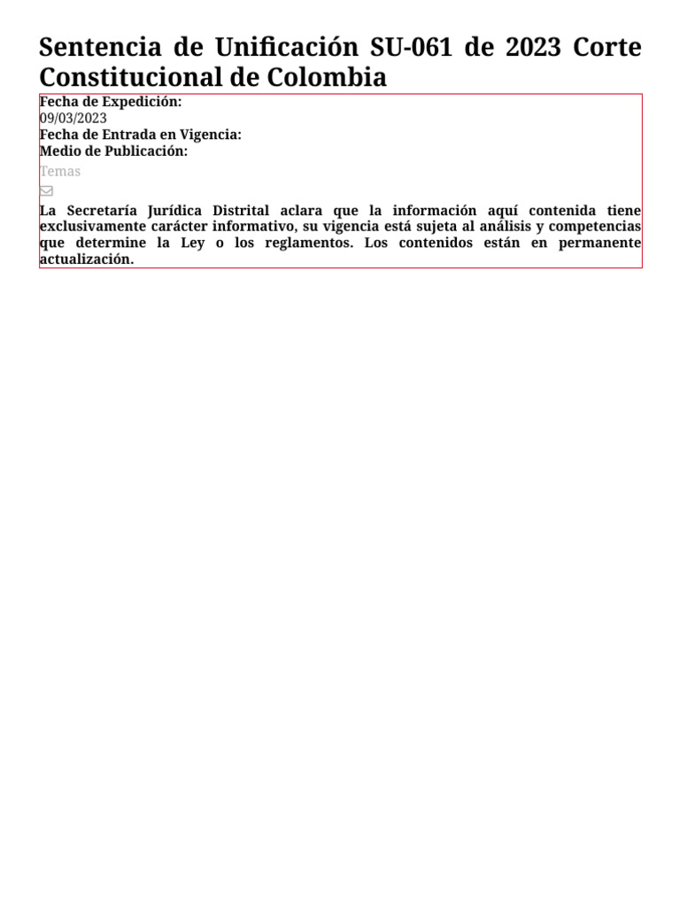 Sentencia de Unificación SU-061 de 2023 Corte Constitucional de