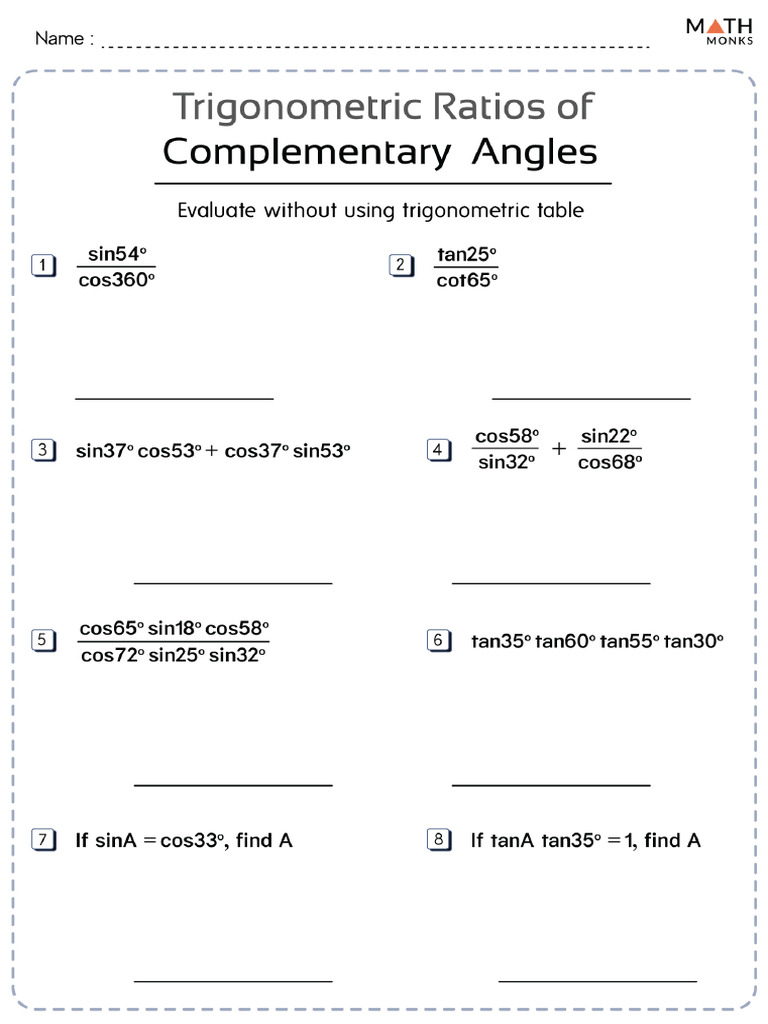 Trigonometric Ratios of Complementary Angles Worksheet | PDF