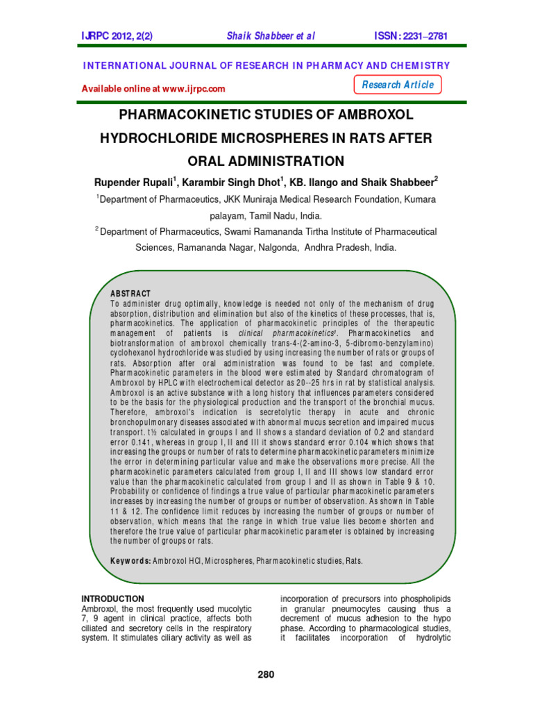 Pharmacokinetics of Ambroxol in Rats | PDF