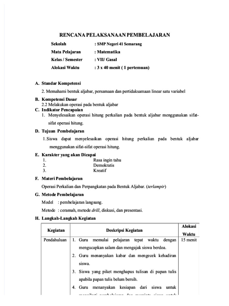 PDF Contoh RPP Perkalian Bentuk Aljabar SMP Compress | PDF