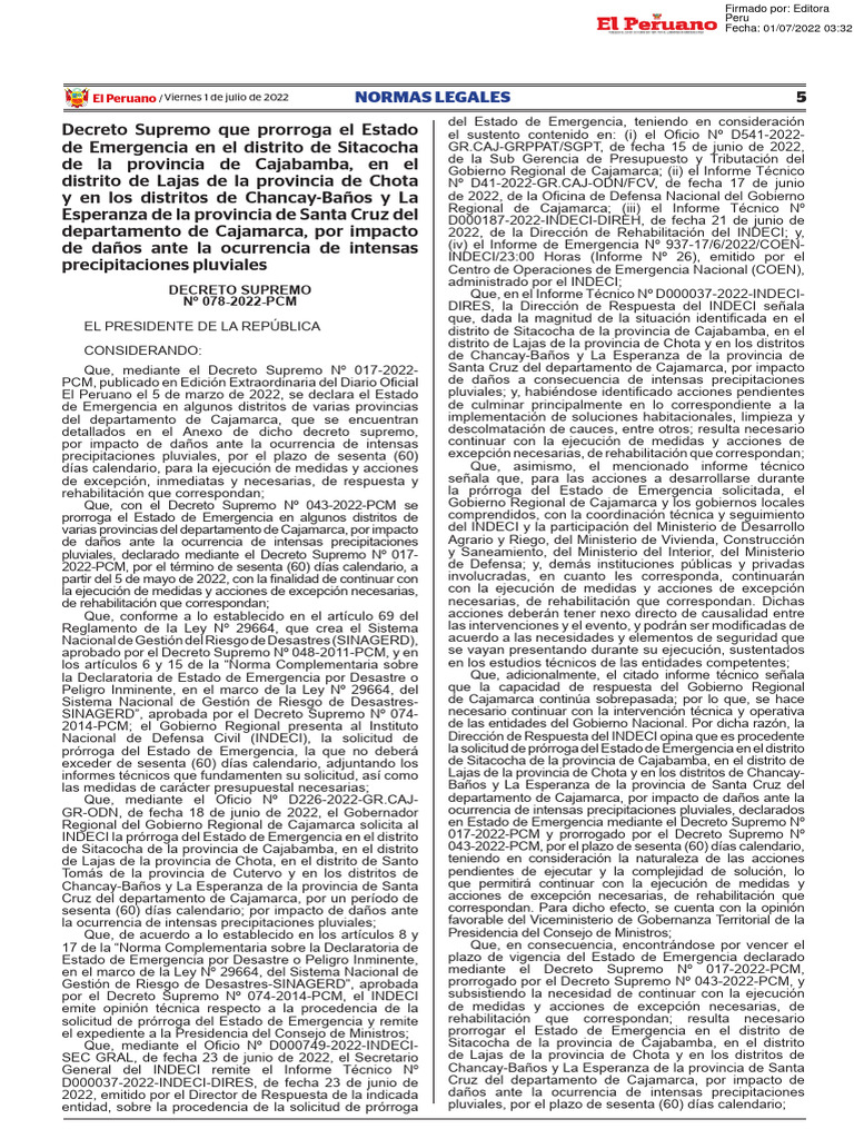 Decreto Supremo Que Prorroga El Estado De Emergencia En El D Decreto