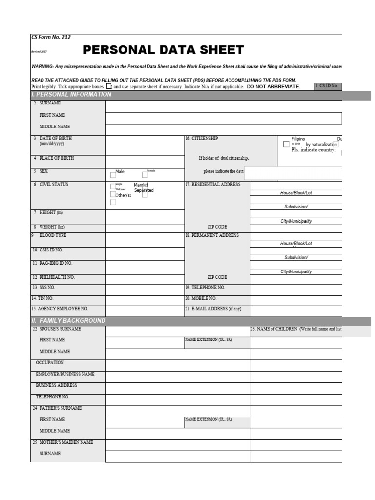 Personal Data Sheet CS Form No. 212 Revised 2017 | PDF