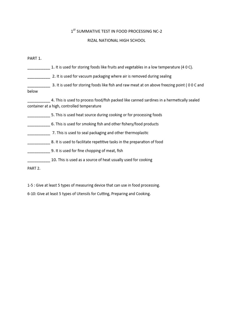 1st Summative Test in Food Processing NC | PDF