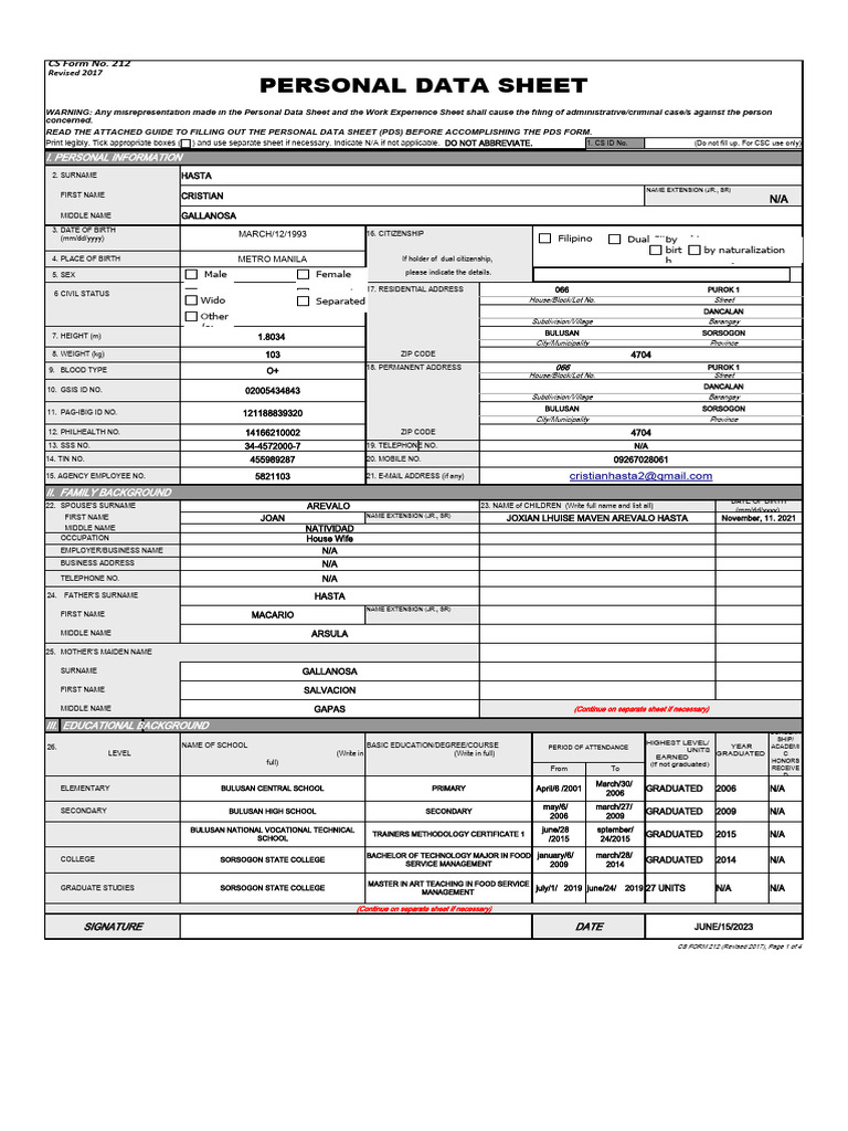CS-Form-No.-212-Personal-Data-Sheet-Excel-Format2 2021 | PDF