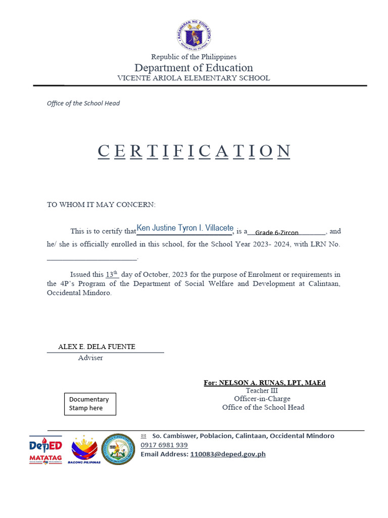 Certification of Enrollment for 4Ps | PDF