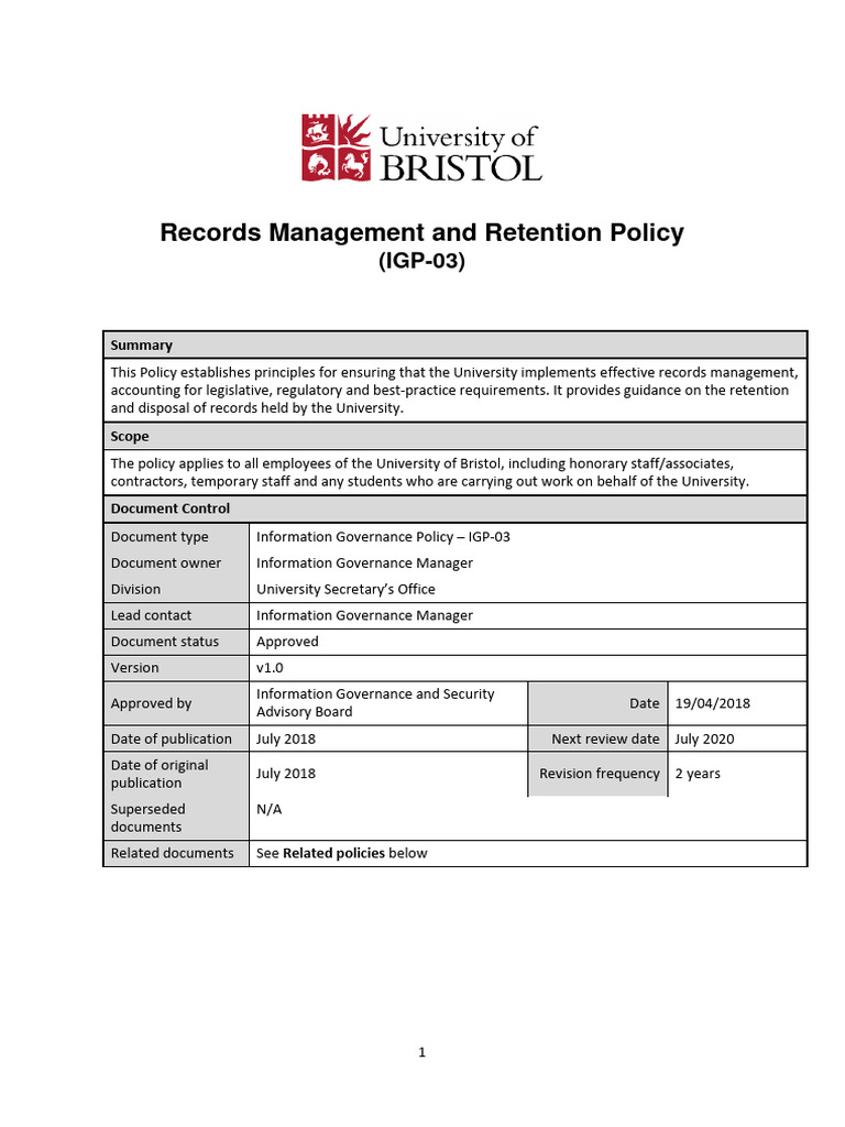 Bristol Uni Records Management and Retention Policy PDF