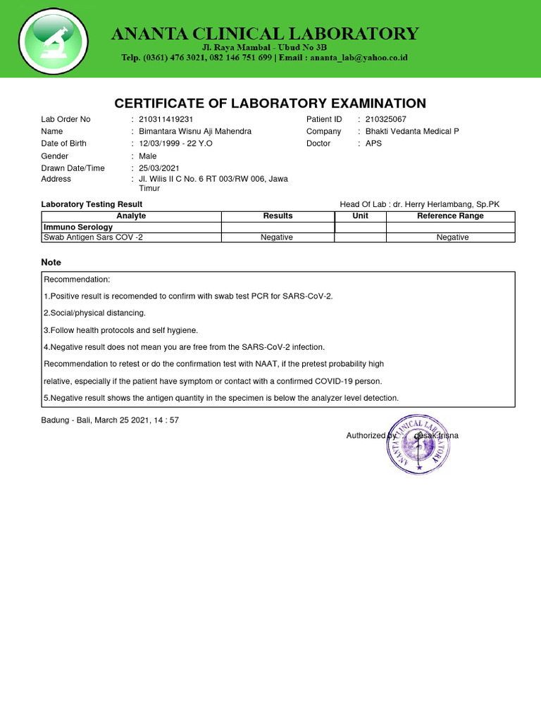 Certificate of Laboratory Examination Laboratory Testing Result