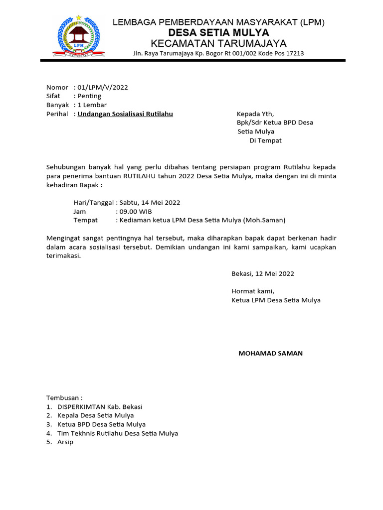 Undangan Sosialisasi Rutilahu Desa Setia Mulya | PDF