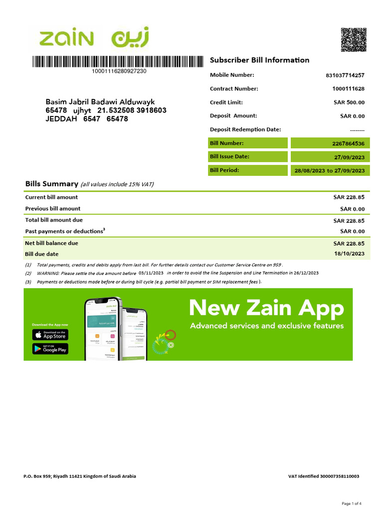 Zain Postpaid Bill Summary for Jeddah | PDF