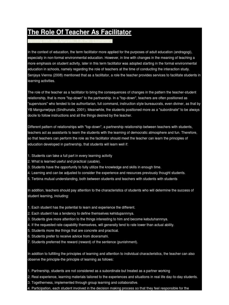 The Role of Teacher As Facilitator | PDF | Facilitator | Teachers