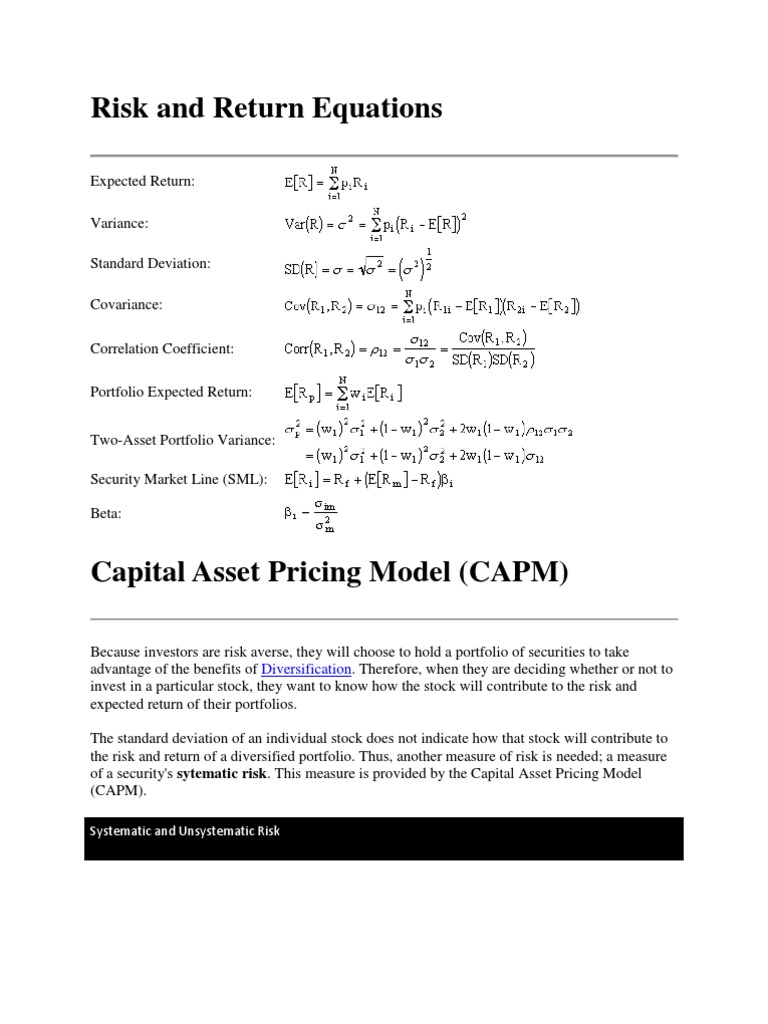 Risk and Return Equations | Capital Asset Pricing Model | Beta (Finance)
