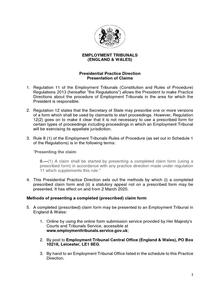 Presidential Practice Direction Presentation of Claims Engalnd Wales