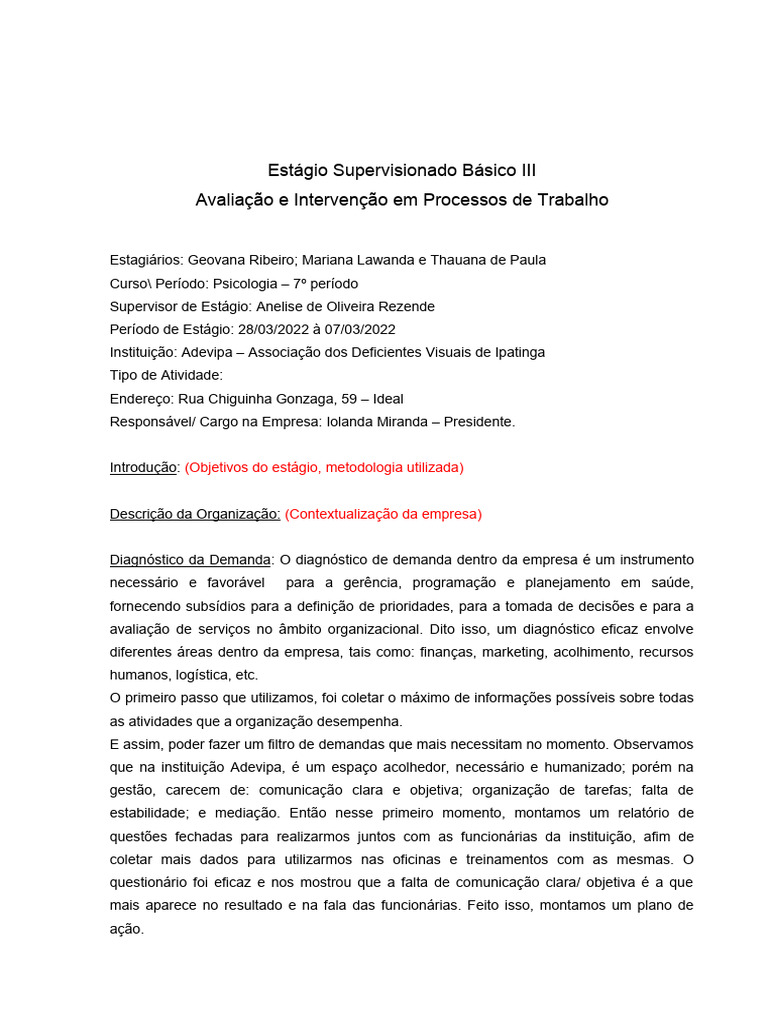 Cópia De Modelo De Devolutiva Estágio Empresa Pdf