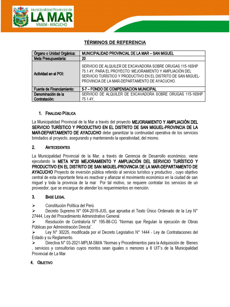 Alquiler de Excavadora para Proyecto Turístico | PDF | Gobierno local ...