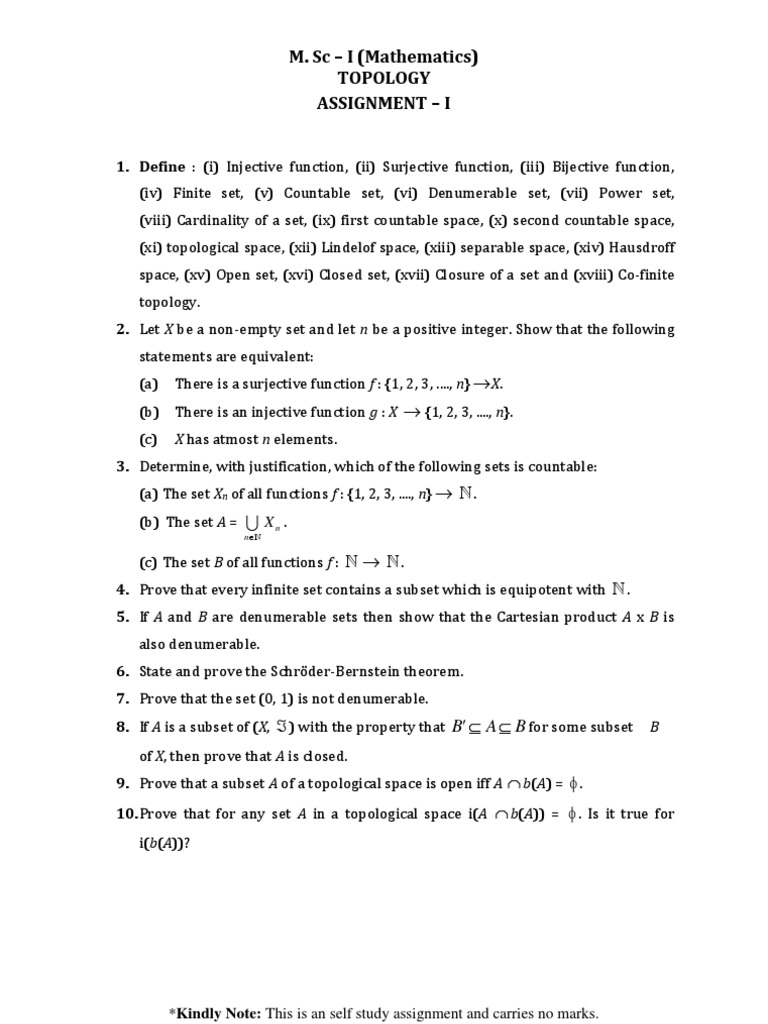 M. SC - I (Mathematics) Topology Assignment - I | PDF | Science ...