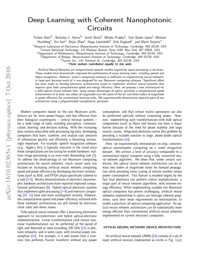 Deep Learning With Coherent Nanophotonic Circuits