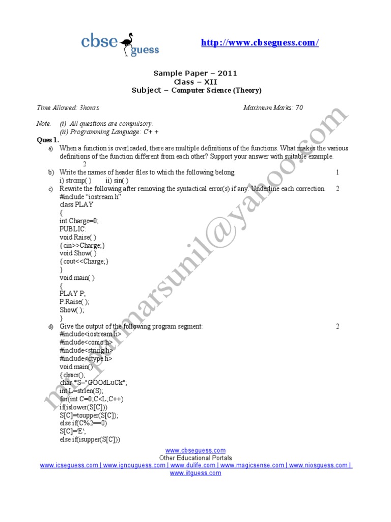 Class XII Computer Science Sample Paper | PDF | Integer (Computer ...