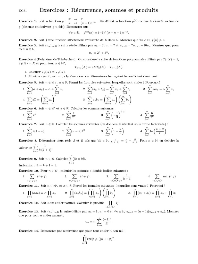 Exercices sur Récurrence et Sommes | PDF | Relations mathématiques ...