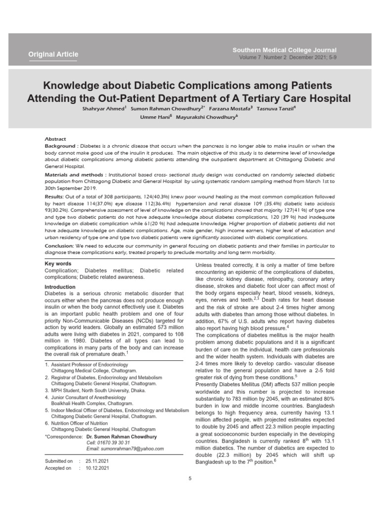 Knowledge About Diabetic Complications PDF Diabetes Chronic Condition