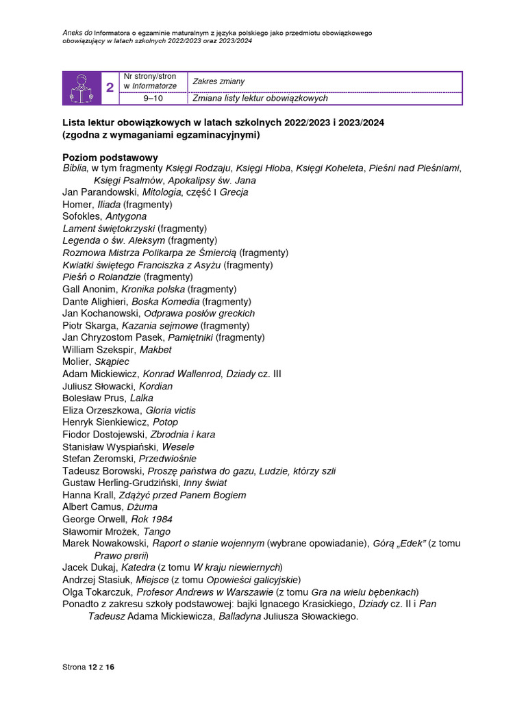 Lista Lektur MATURA 2023 2024 PDF