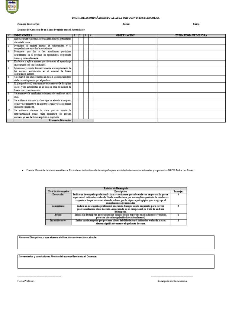 Pauta de Acompañamiento Al Aula Por Convivencia Escolar | PDF | Salón ...