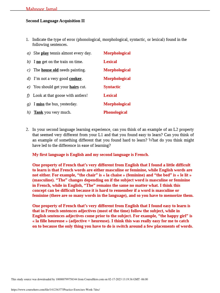 Analyzing L2 Errors and Learning | PDF | English Language | Second ...