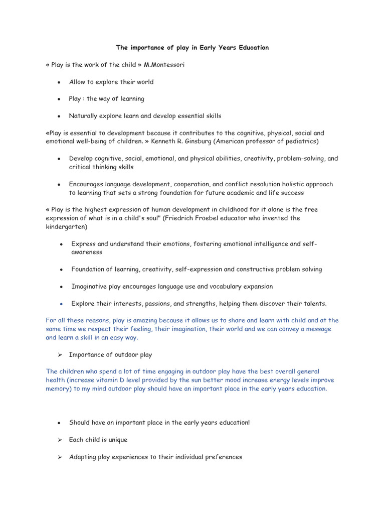 Importance of Play in Early Education | PDF