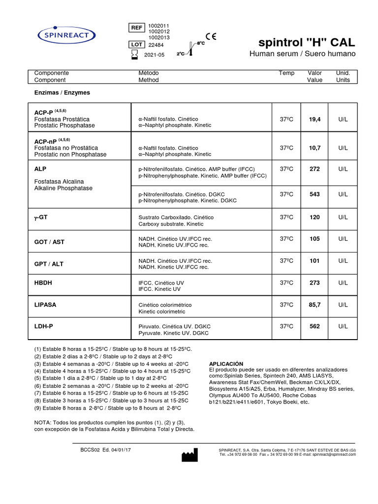 Ref. 1002011 Spintrol H Calibrador 2017 Lot. 22484 | PDF