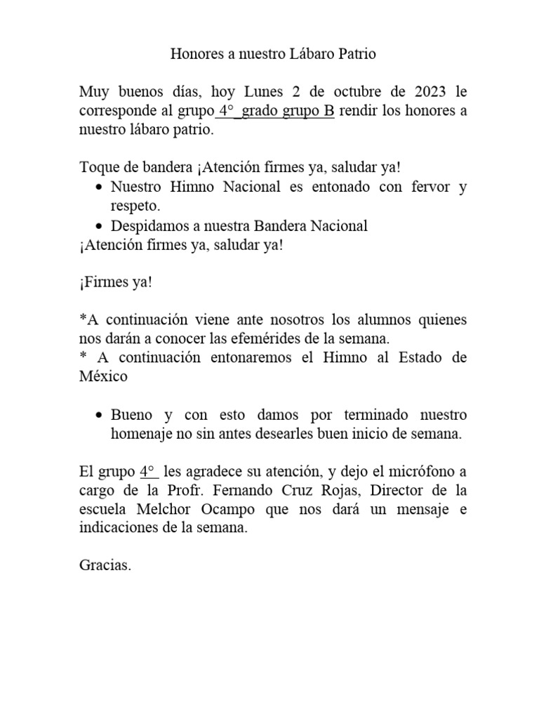 Formato Honores A Nuestro Labaro Patrio | PDF