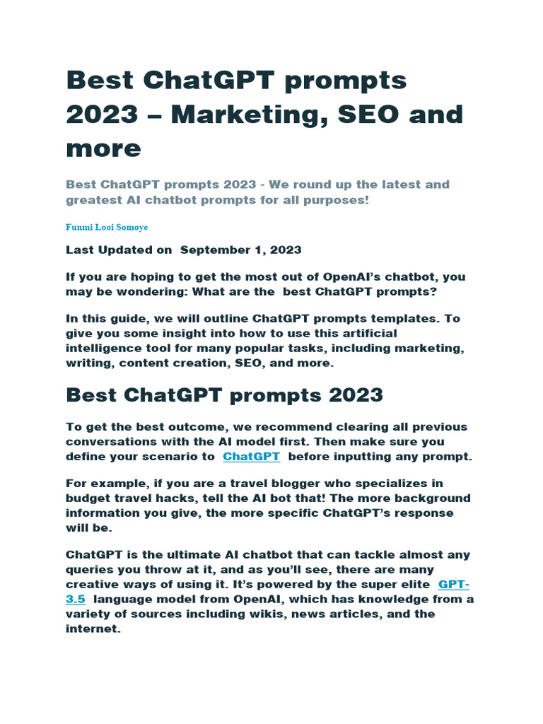 Best ChatGPT Prompts for 2023 | PDF