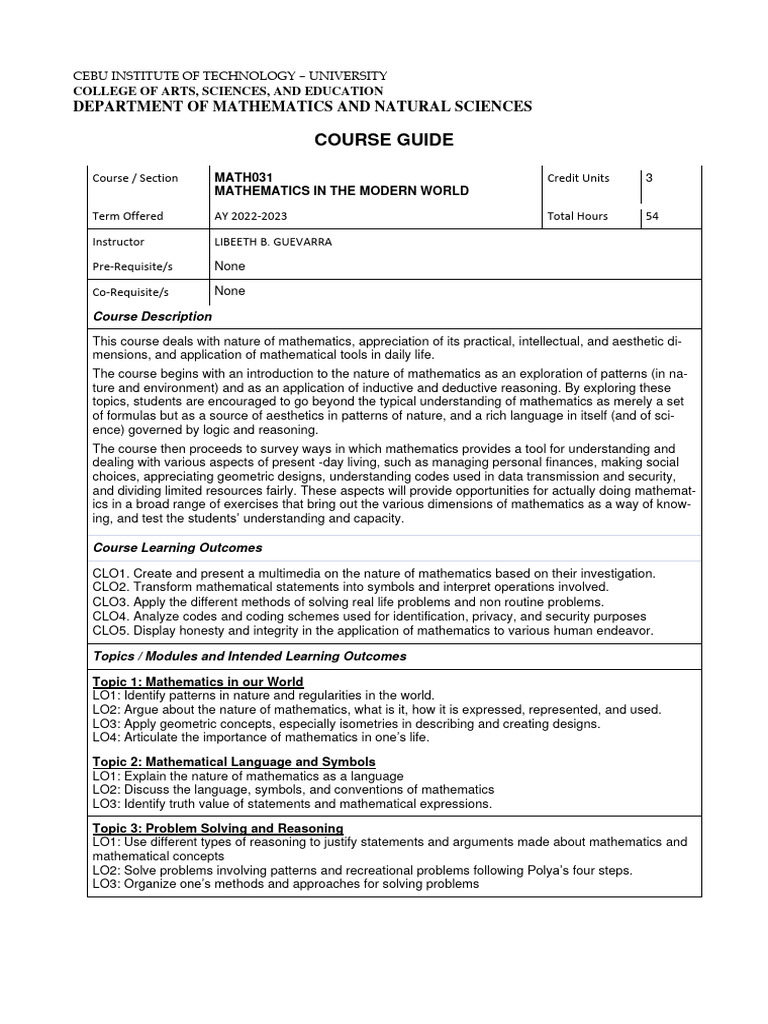 Mathematics in the Modern World Course Guide | PDF | Mathematics ...