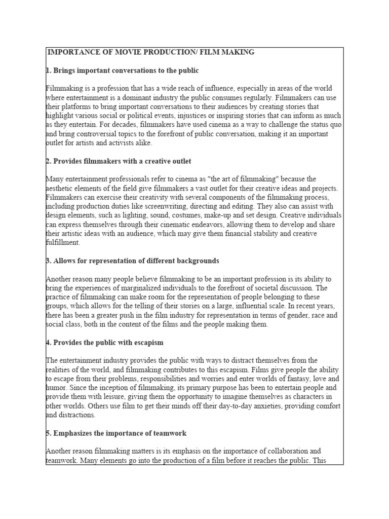 Importance of Movie Production PDF Filmmaking Creativity