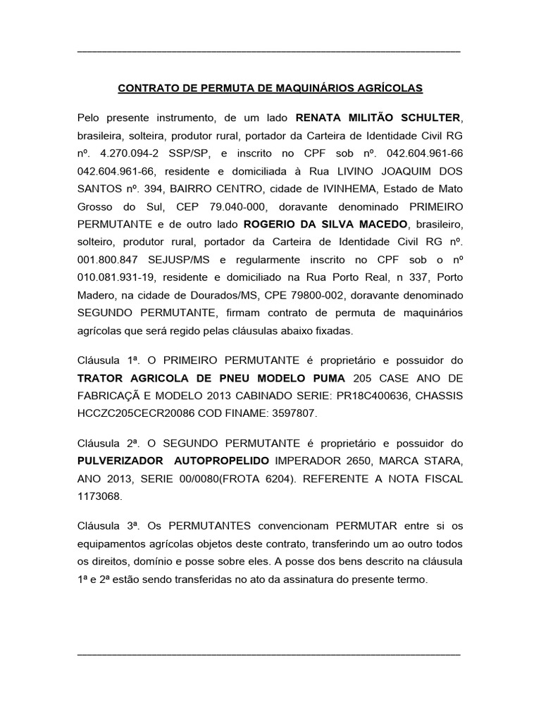 Contrato de Permuta de Maquinários Agrícolas | PDF | Impostos | Direito ...