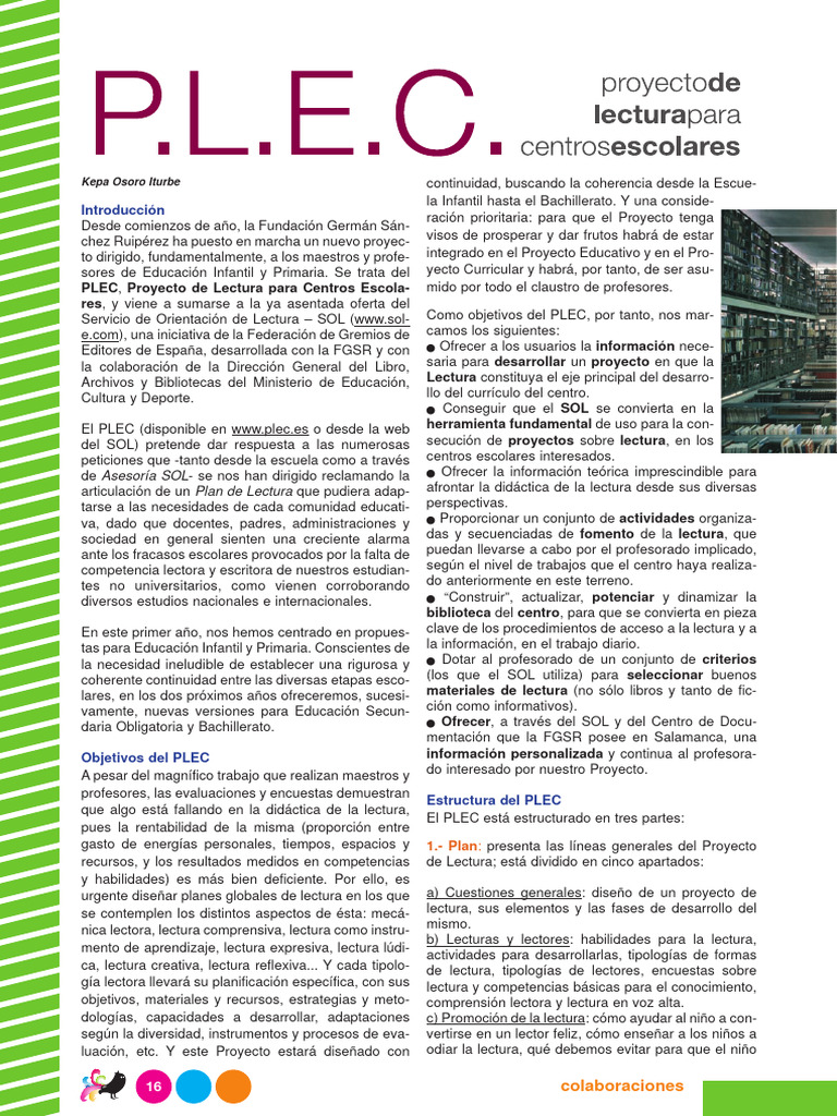 Proyecto de Letura para Centros Escolares PDF