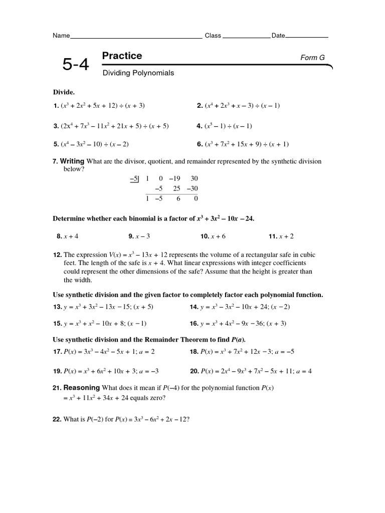 Dividing Polynomials Practice Form G | PDF