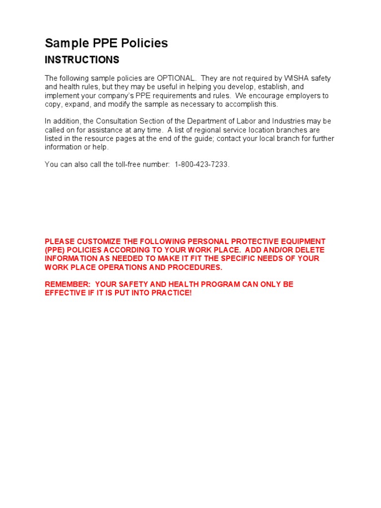 Sample PPE Policies: Instructions | Download Free PDF | Personal ...
