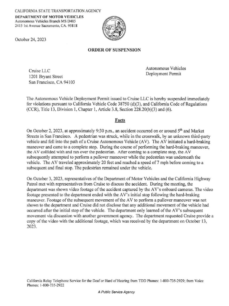 California DMV Orders of Suspension To GMowned Cruise PDF