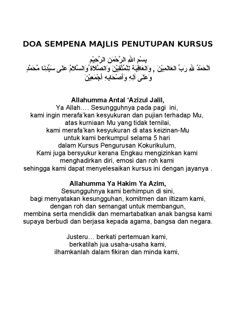 Doa Sempena Majlis Penutupan Kursus Pdf