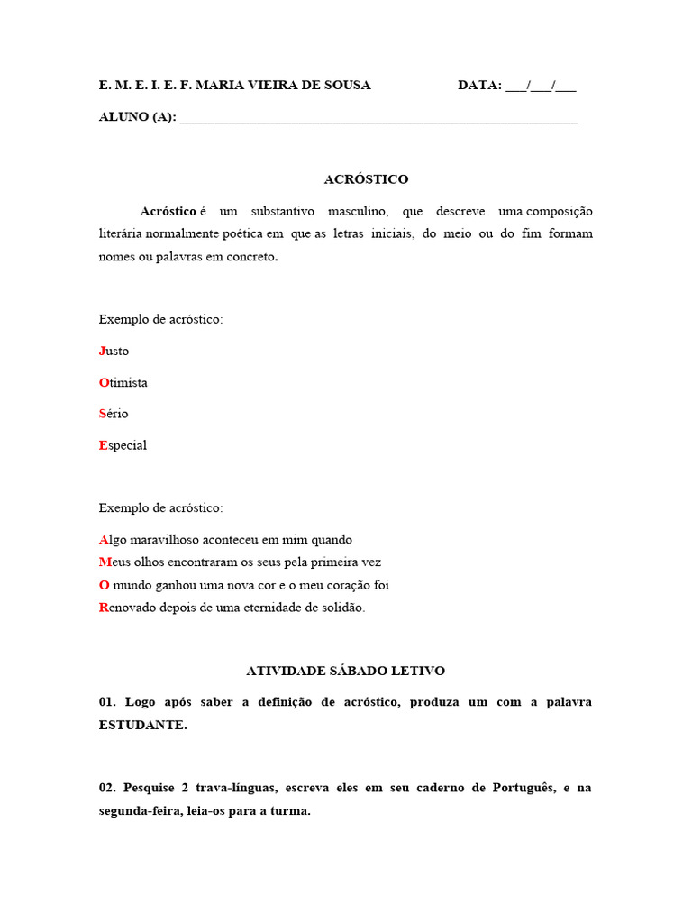 Acróstico com a Palavra Estudante | PDF
