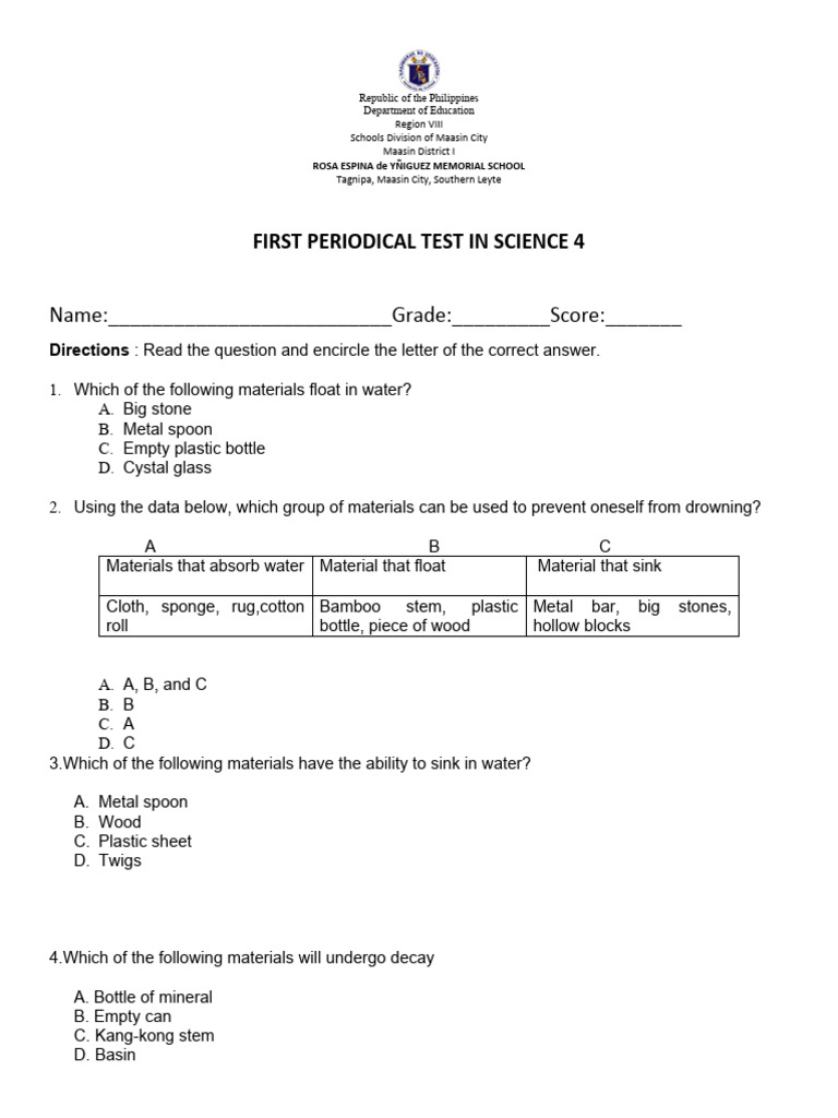 Science 4 First Periodical Test Guide | PDF | Reuse | Water