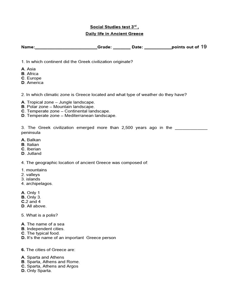 Greece Test For 3rd PDF Ancient Greece Greece