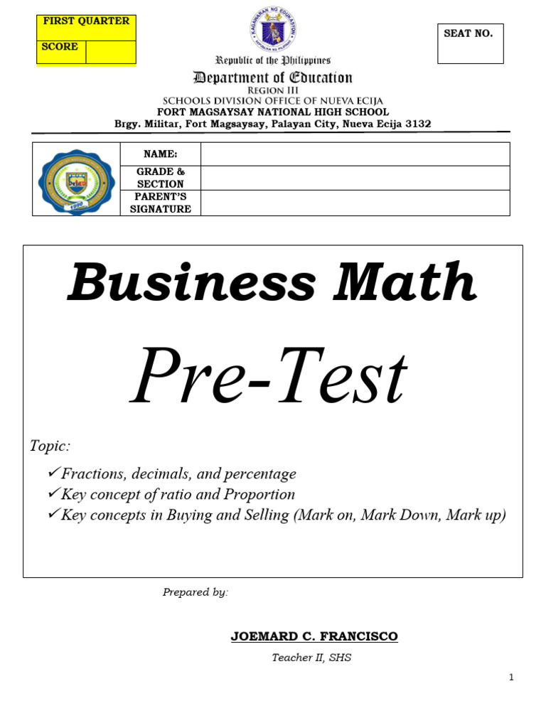 Grade 11 Business Math Pre-Test | PDF | Mathematics | Arithmetic