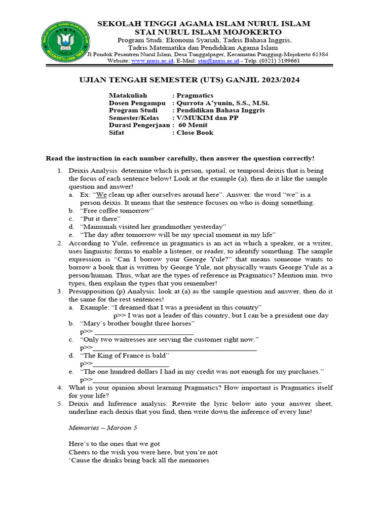 UTS Pragmatics STAI Nurul Islam 2023 | PDF | Language Mechanics ...