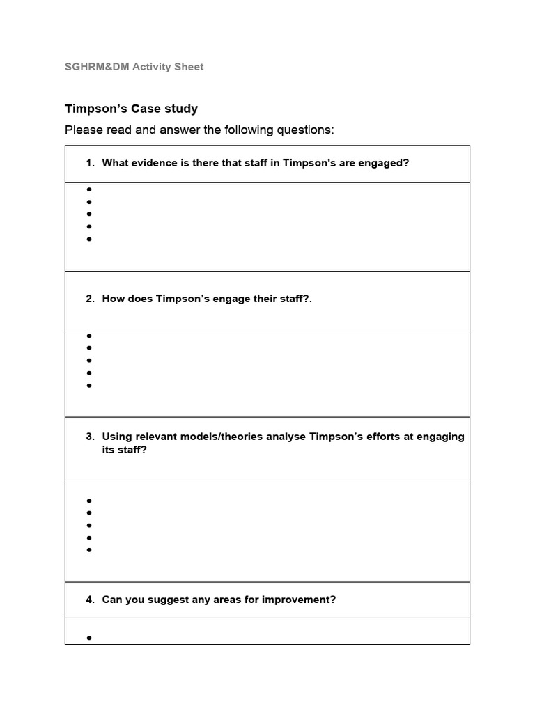 Activity Sheet For Timpson's Case Study PDF