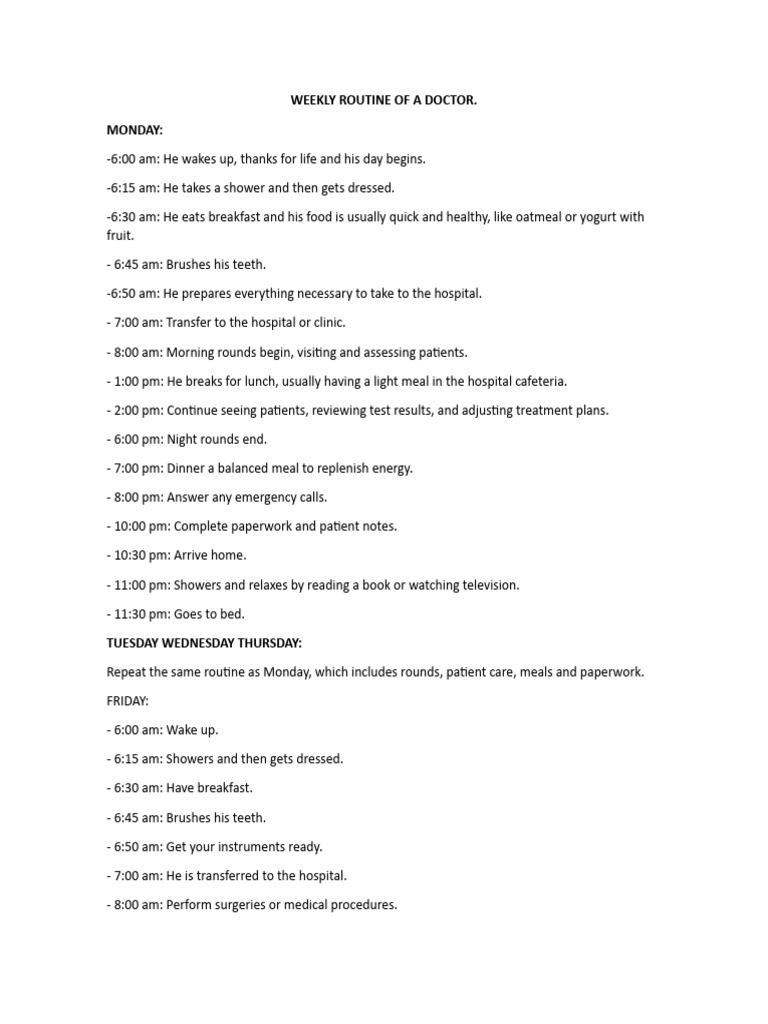 Doctor's Weekly Routine Overview | PDF | Meal | Patient