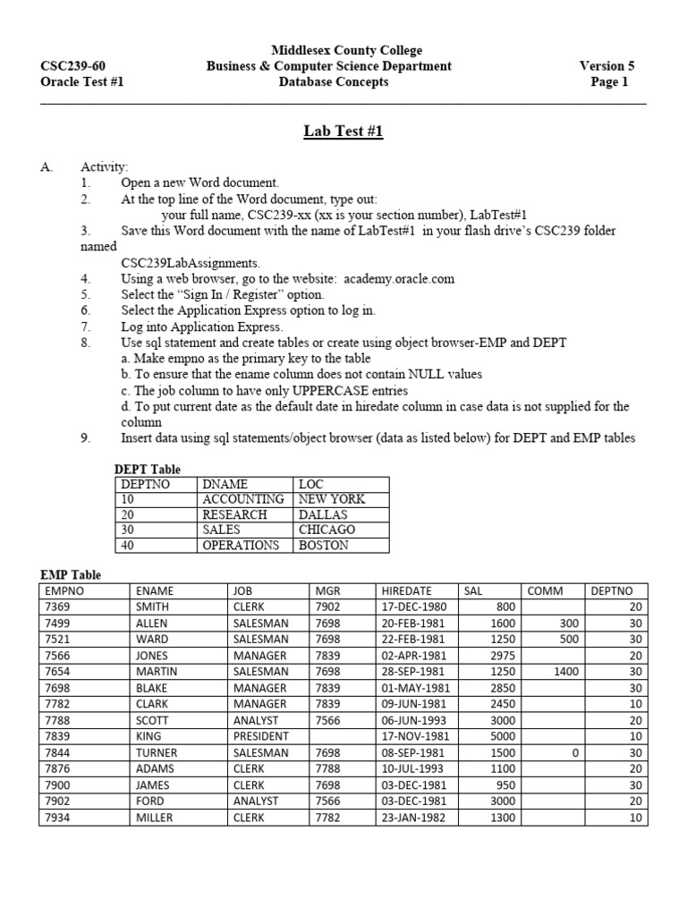 CSC239 Fall 2023 Section 60 Oracle Lab Test 1 | PDF